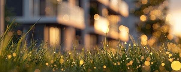 Dew-kissed grass in golden hour light, blurred building in background