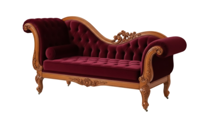 Elegant burgundy chaise lounge isolated PNG on transparent background, luxurious velvet daybed with ornate wood frame for interior design projects