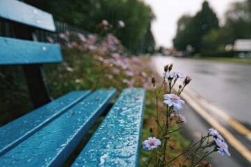 A blue park bench glistens with raindrops next to a flower bed on a wet day