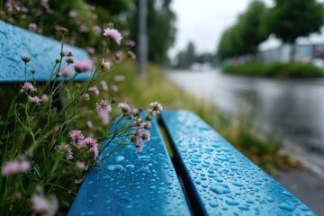 Blue bench with delicate pink flowers glistening with raindrops