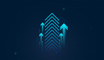 Stacked blue arrows rising upward symbolize consistent financial growth and business progress. Multiple upward arrows represent increasing profits, performance