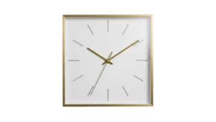 Modern square wall clock with gold frame isolated PNG, minimalist design with simple hour markers on transparent background