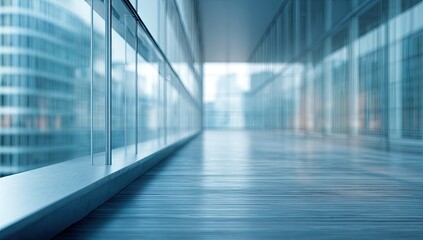 Modern glass-walled hallway with wooden floor reflecting city skyline