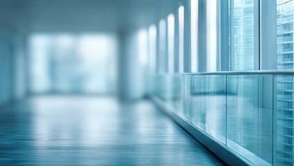 Modern glass walkway with blurred background and reflective floor