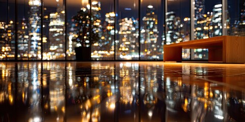 Modern indoor space with reflective floor and city lights at night