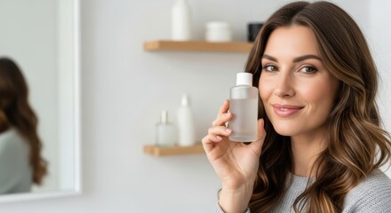 Beautiful woman with long hair holding a hair care product in a modern bathroom, showcasing hair beauty and self-care routine with elegant decor and soft lighting