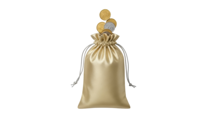 Gold money bag with coins isolated PNG, overflowing with wealth and savings on transparent background, financial success concept