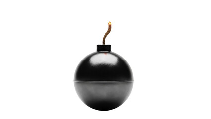 Classic black round bomb with burning fuse PNG isolated on transparent background, dangerous explosive weapon for cartoon design