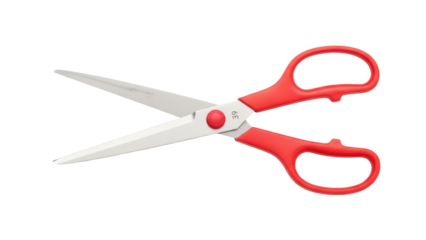 Red handled scissors isolated PNG on transparent background, sharp cutting tool for paper crafts and office supplies