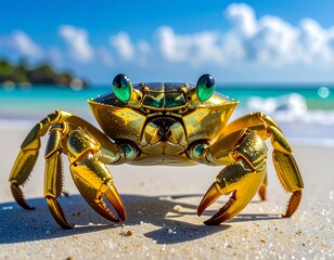 Fototapeta premium Golden crab with emerald eyes on sandy beach