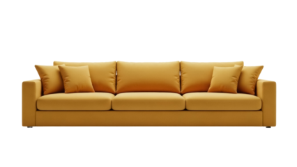 Modern mustard yellow sofa with cushions isolated PNG, comfortable couch for living room interior design on transparent background