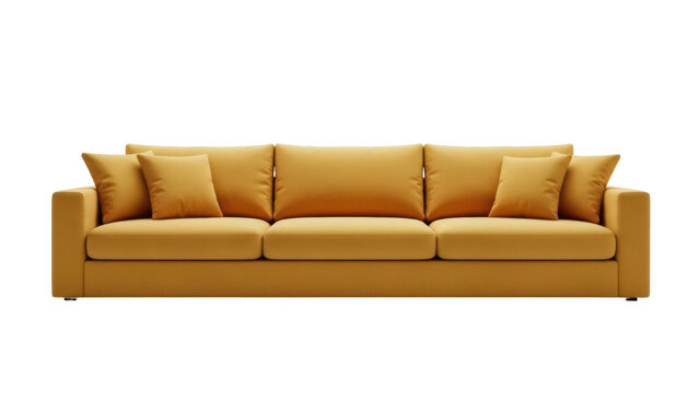 Modern mustard yellow sofa with cushions isolated PNG, comfortable couch for living room interior design on transparent background