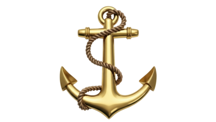 Golden anchor with rope isolated PNG on transparent background, nautical symbol for maritime and seafaring themes