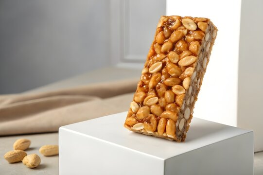 Single peanut chikki bar placed upright on a clean pedestal with glossy caramel highlights and crisp roasted peanut texture under soft studio lighting on a minimal gradient background - AI Generated