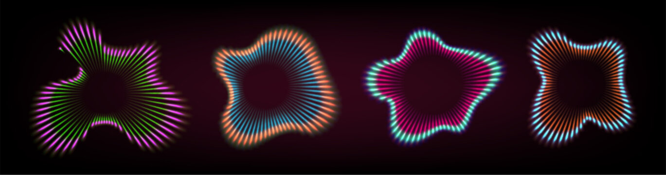 Psychedelic sound ripple waves on black background. Vector realistic illustration of abstract shapes with color gradient light streaks, circular tech radar signal, hypnotic pulse, sonar effect