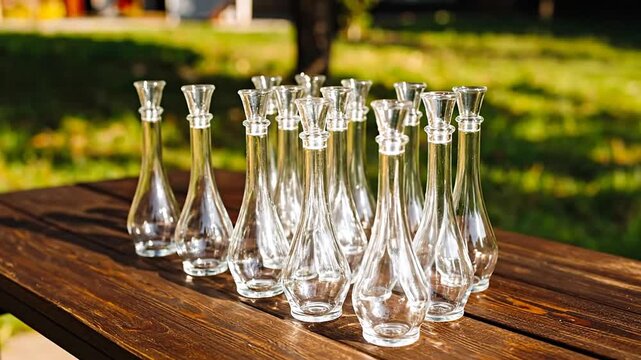 A cluster of slender, clear glass vases with narrow necks and fluted tops sit on a wooden table