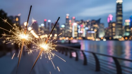 Sparkling fireworks illuminate the night sky over a blurred cityscape with a waterfront promenade in the foreground, creating a festive and celebratory atmosphere
