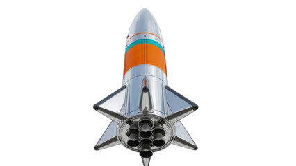 Retro rocket ship PNG isolated on transparent background, vintage space vehicle with orange and blue stripes for science fiction projects