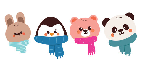 set of cute hand drawing cartoon animals with scarf for winter sticker