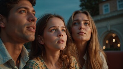 Fototapeta premium Three friends gaze upward at sunset — calm dreamy atmosphere of friendship, evening relaxation or contemplation