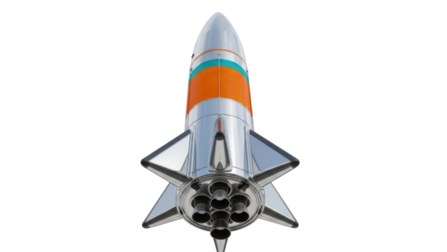 Retro rocket ship PNG isolated on transparent background, vintage space vehicle with orange and blue stripes for science fiction projects - Powered by Adobe