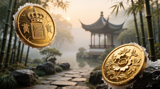 Golden coins with symbols float above stone path in misty bamboo garden &mdash; mystical auspicious atmosphere of good fortune, prosperity or Chinese philosophy