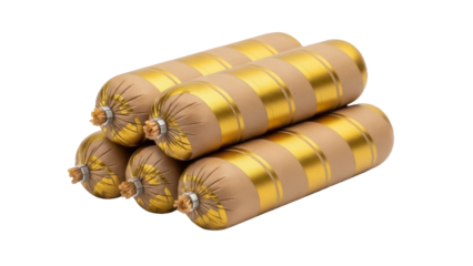 Stack of five sausages with golden stripes isolated PNG, delicious meat product for cooking and grilling on transparent background