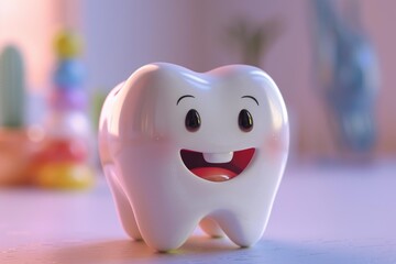 Cartoon tooth smiling, promoting children's dental health, oral hygiene, and regular dentist visits