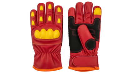 Red and yellow leather work gloves isolated PNG, protective gear for construction and industrial safety on transparent background