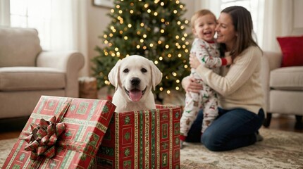 A child and his mother are delighted with a gift - a Labrador puppy in a gift box