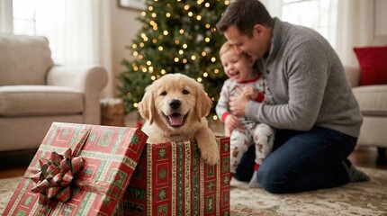 A child and his father are delighted with a gift - a Labrador puppy in a gift box