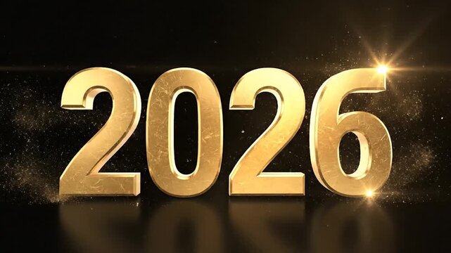 Shiny golden numerals 2026 stand against a black background