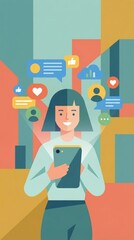 Illustration of online communication: a person with a phone against a background of connection icons