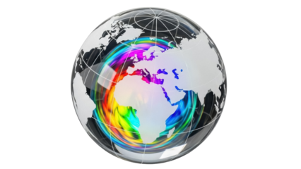 Crystal globe with rainbow swirl isolated PNG, world map on transparent background, global communication and international business concept