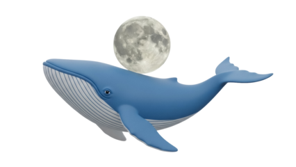 Blue whale with moon isolated PNG on transparent background, marine mammal clipart for design and educational use, cetacean