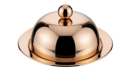 Elegant copper butter dish with lid isolated PNG, shiny metal serving container for breakfast table and gourmet food presentation