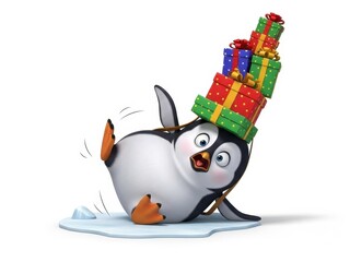 Obraz premium Funny Cartoon Penguin Falling on Ice with Stack of Colorful Holiday Gifts isolated PNG with Transparent Background