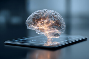 Holographic brain displayed above tablet in a modern tech workspace