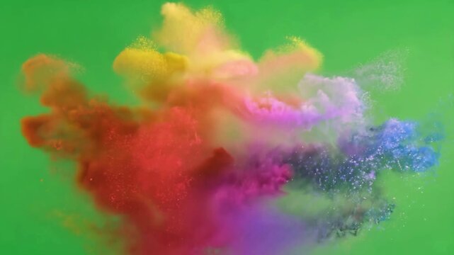 Colorful Holi powder paint explosion bursting on green screen background for festive and creative reveals.