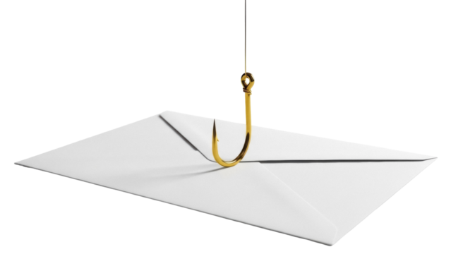 Envelope with golden fish hook PNG isolated on transparent background, phishing email concept for cyber security and online fraud - Powered by Adobe