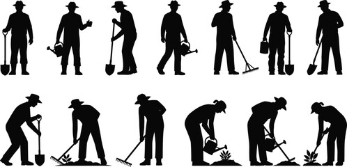 Set of black vector silhouettes of farmers gardening with shovel rake and water can isolated on white background for agriculture © Arman World