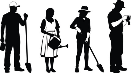 Set of black vector silhouettes of gardeners and farmers holding shovels and watering cans isolated on a white background for design © Arman World