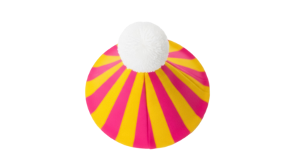 Striped beanie hat with pompom isolated PNG, pink and yellow knitted winter cap for fashion apparel and cold weather