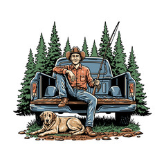 man in a cowboy hat sitting in the back of a pickup truck holding a fishing rod with his dog. © Rizky Fadel