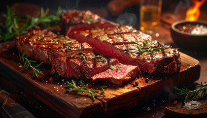 Juicy grilled steak sliced and garnished with rosemary and peppercorns, close-up food photography, rich texture, warm moody lighting, gourmet restaurant presentation