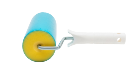 Blue and yellow foam paint roller isolated PNG, painting tool for home improvement and DIY projects on transparent background