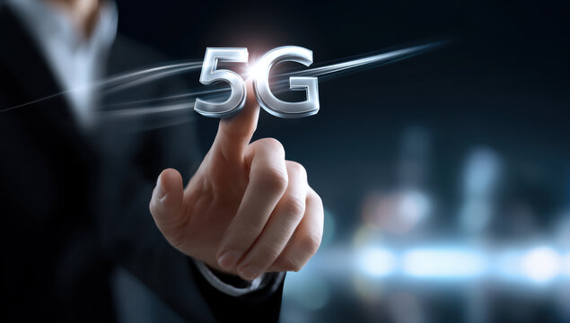 Human hand touching 5g symbol, activating next generation wireless network connection in smart city environment - Powered by Adobe