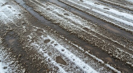 Melting snow and muddy tire tracks with footprints on a textured ground surface