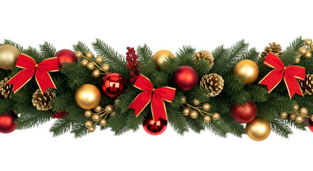 Elegant Christmas Garland Border with Red and Gold Baubles Ribbons and Pine Cones Isolated on White for Holiday Designs