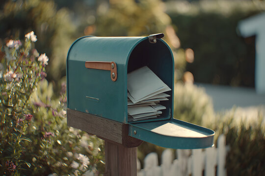Bright blue mailbox full of letters stands on a quiet street during a sunny day